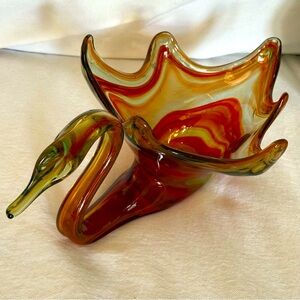 Vintage Hand blown Vintage Sooner Glass Swan Bowl - Amber and Gold 15”
